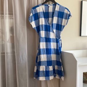 Blue and white gingham wrap dress